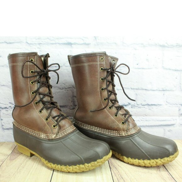 LL Bean Brown Leather Lace Up Shearling Lined Insulated Duck Boots Size 10 Wide - Picture 3 of 11